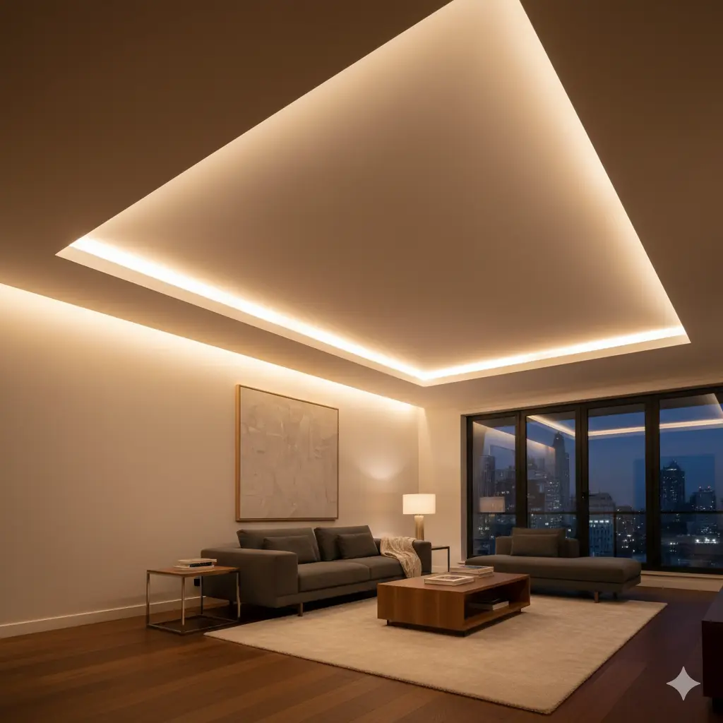 Elegant indirect ambient lighting in a modern cove ceiling using recessed LED profiles