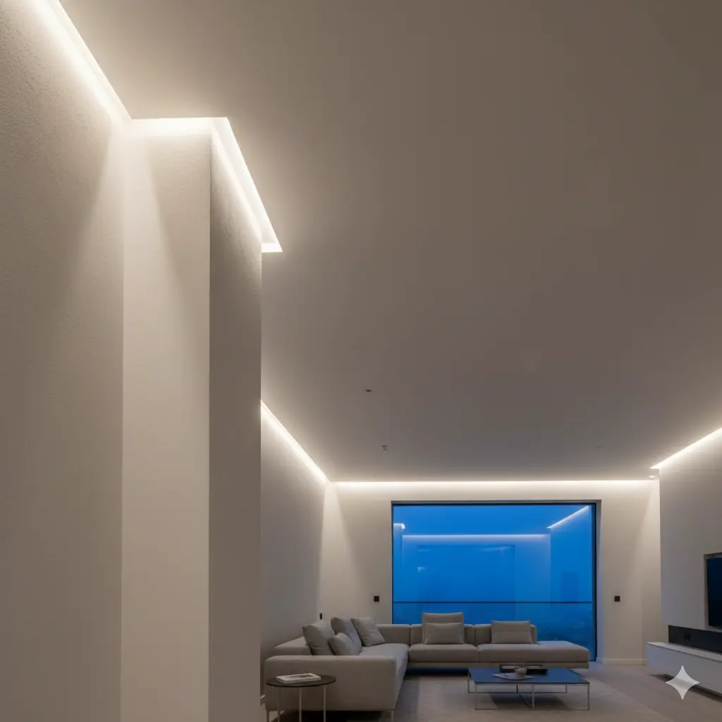 Architectural definition with corner-mounted LED profiles washing light across ceilings