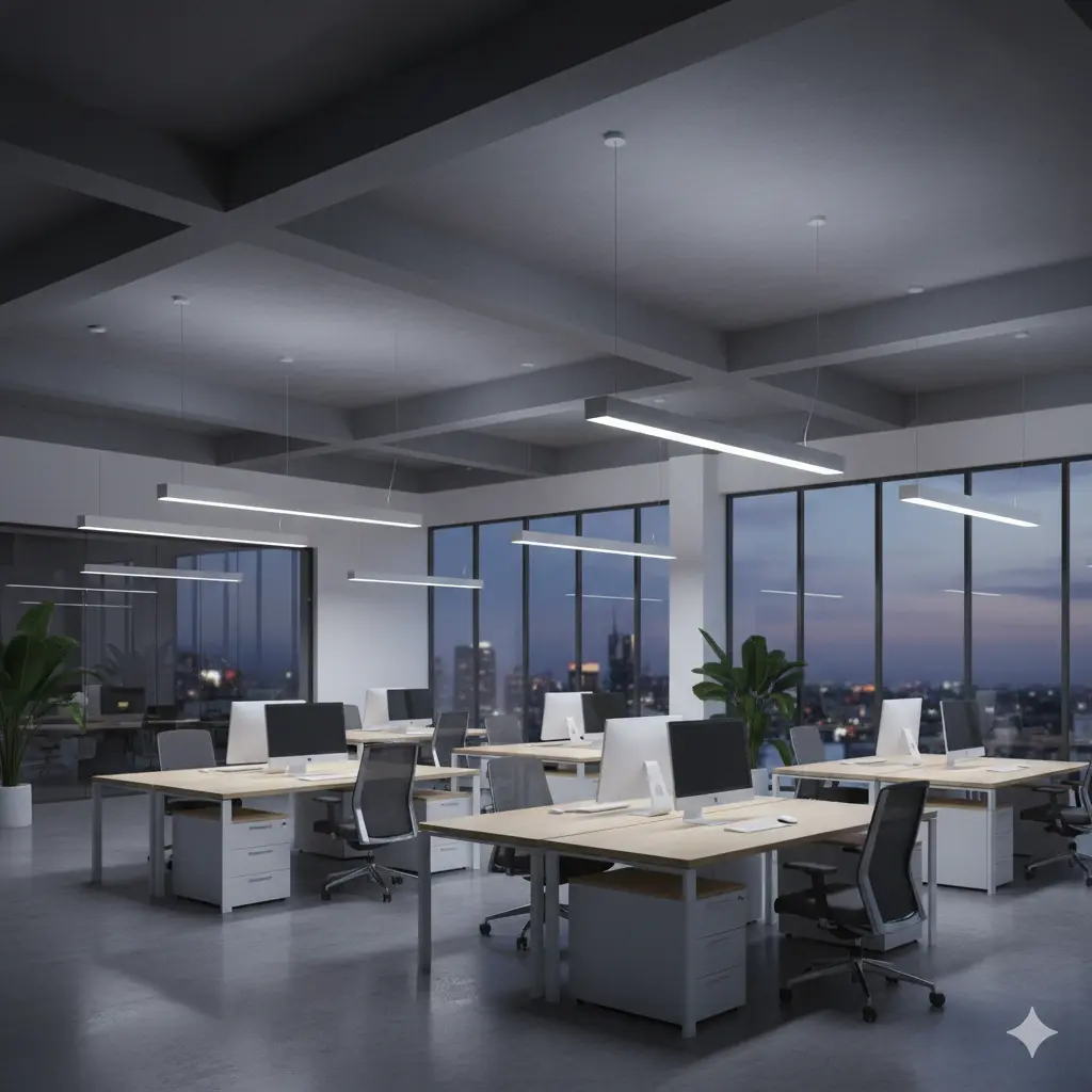 High-performance suspended linear LED profiles in an open-plan office