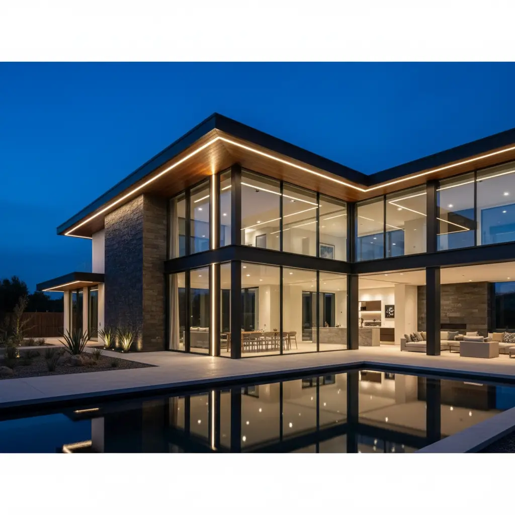 Weather-rated corner LED profiles highlighting exterior architectural lines on a soffit