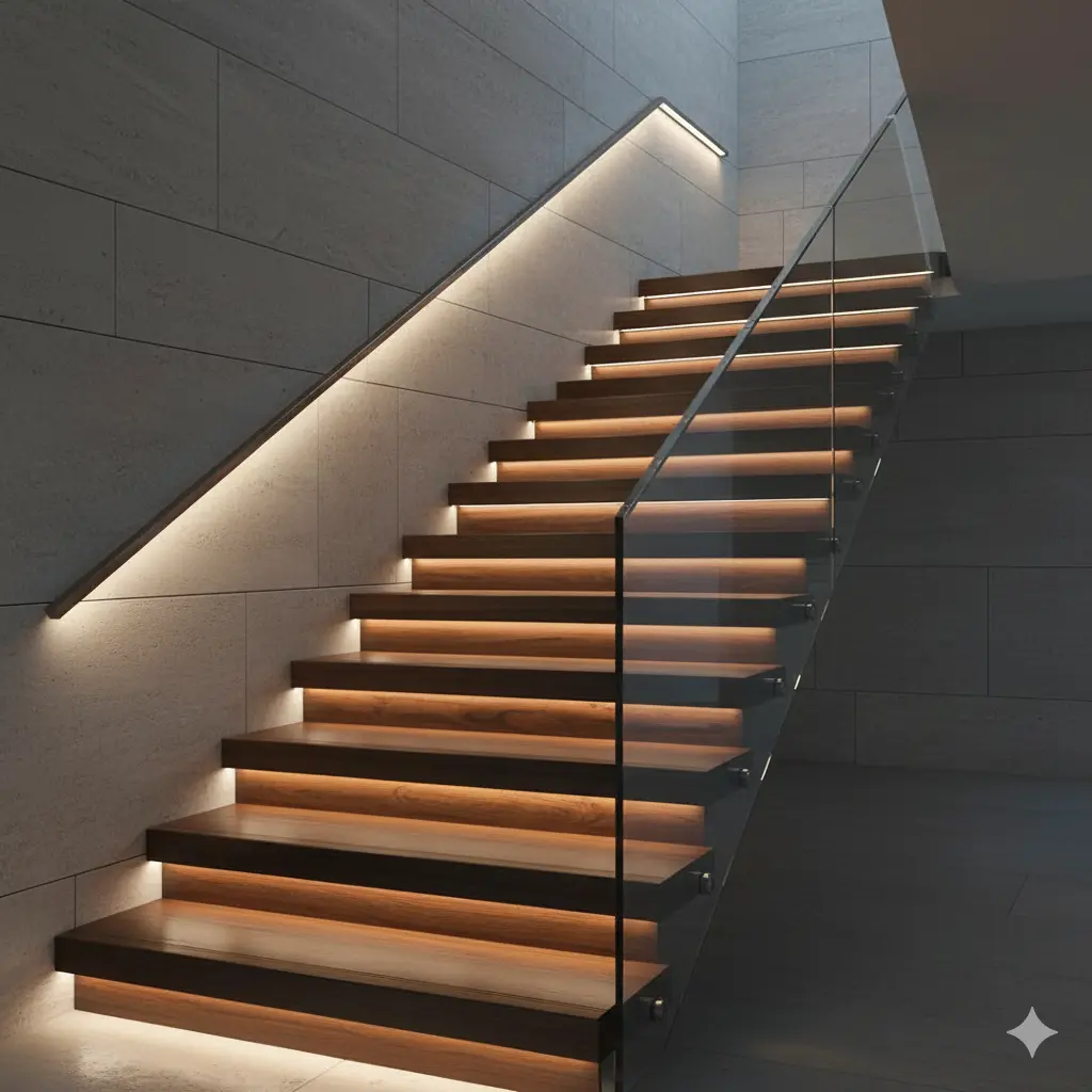 Modern LED step lighting for safety and architectural interest