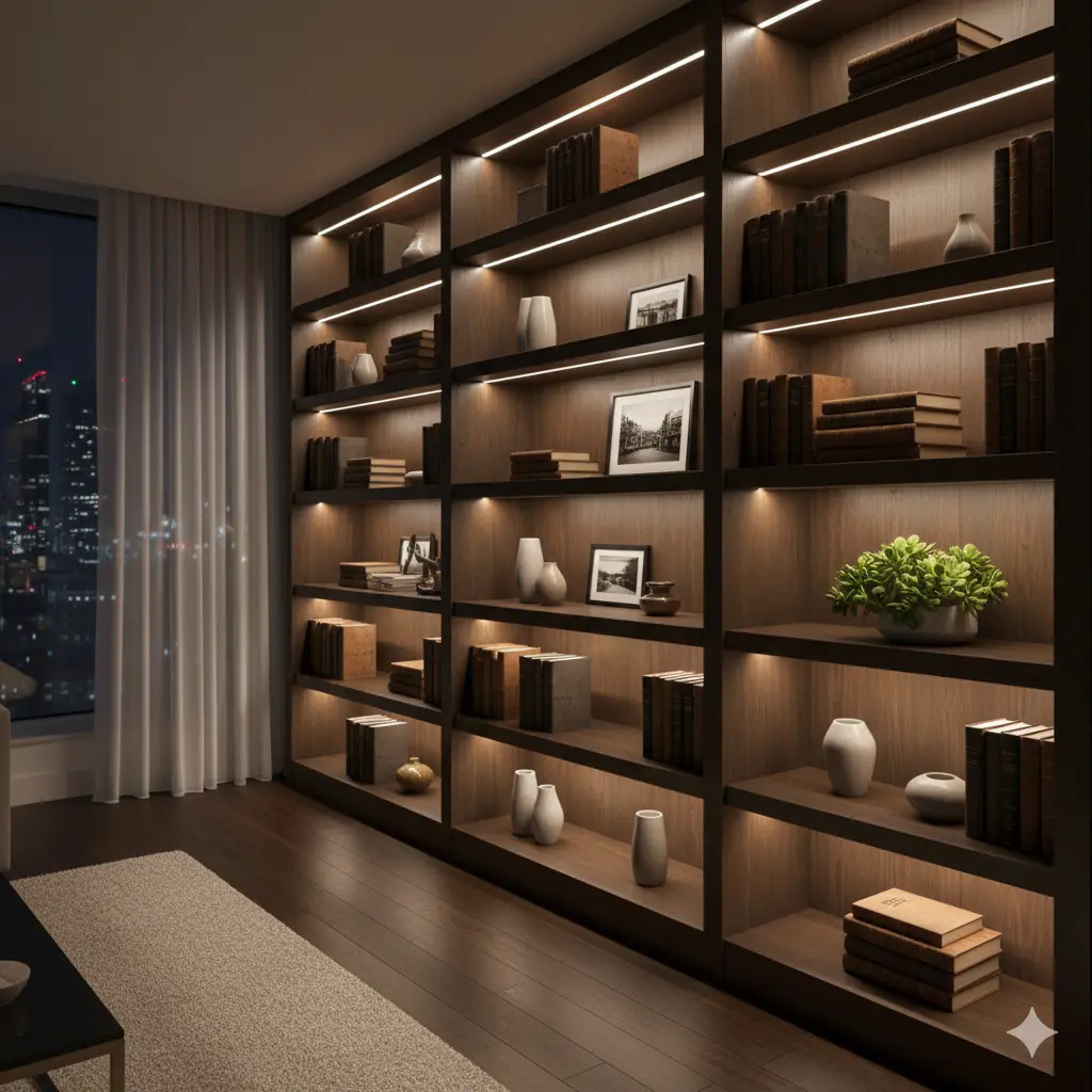 Surface mounted linear LED lighting illuminating retail display shelves