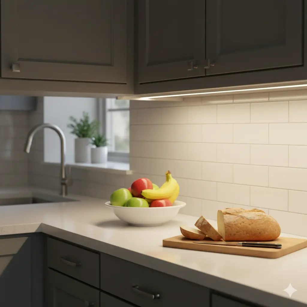 Corner-mounted LED profiles providing high-quality task lighting on kitchen countertops
