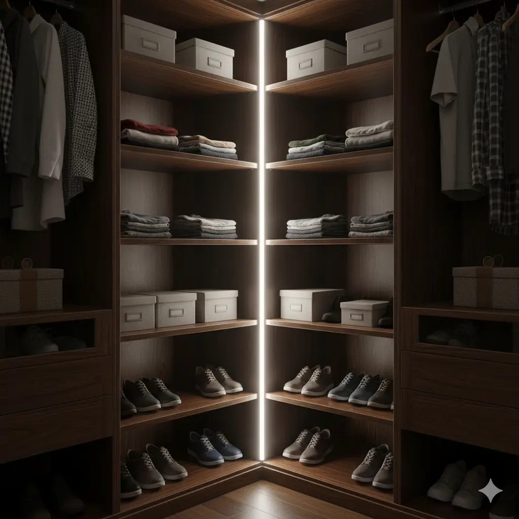 Bright, shadow-free illumination in a wardrobe interior with corner LED profiles