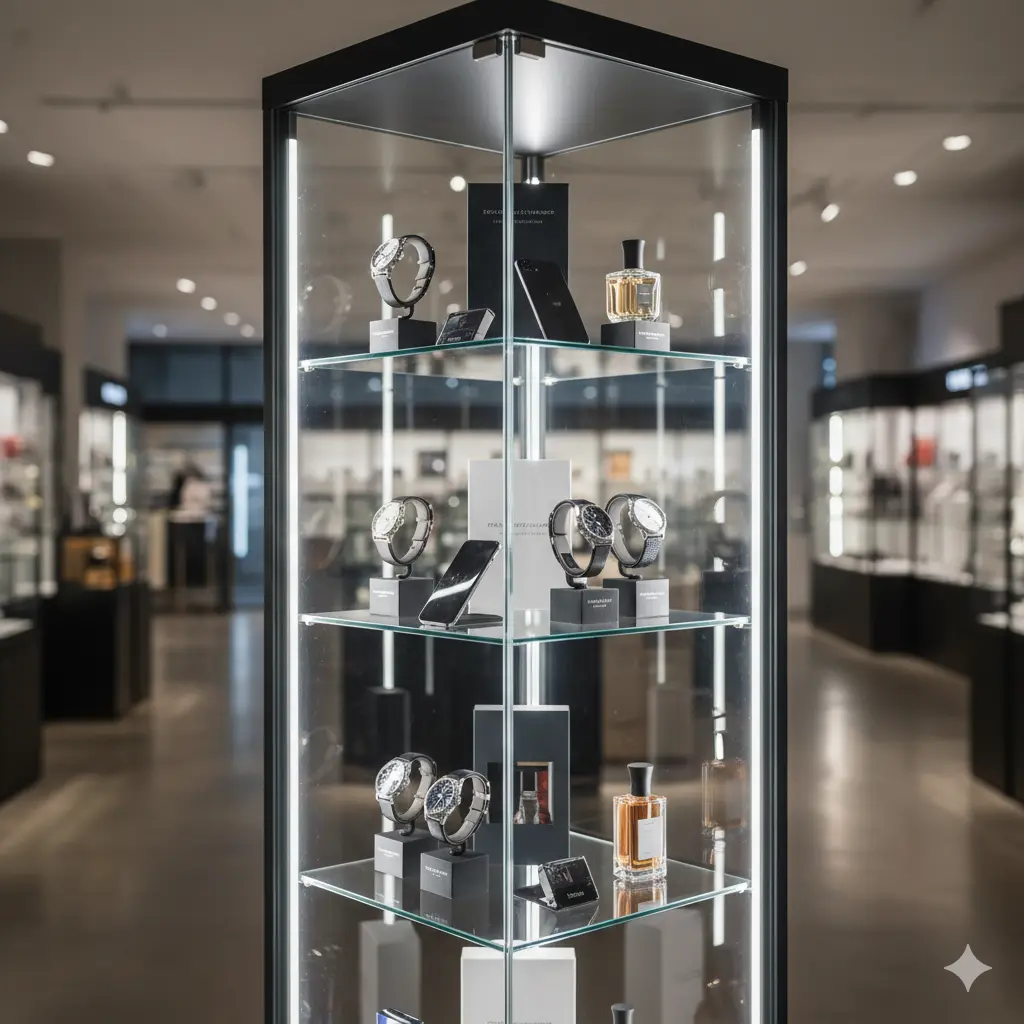 Integrated retail display lighting using corner-mounted LED profiles in a glass case
