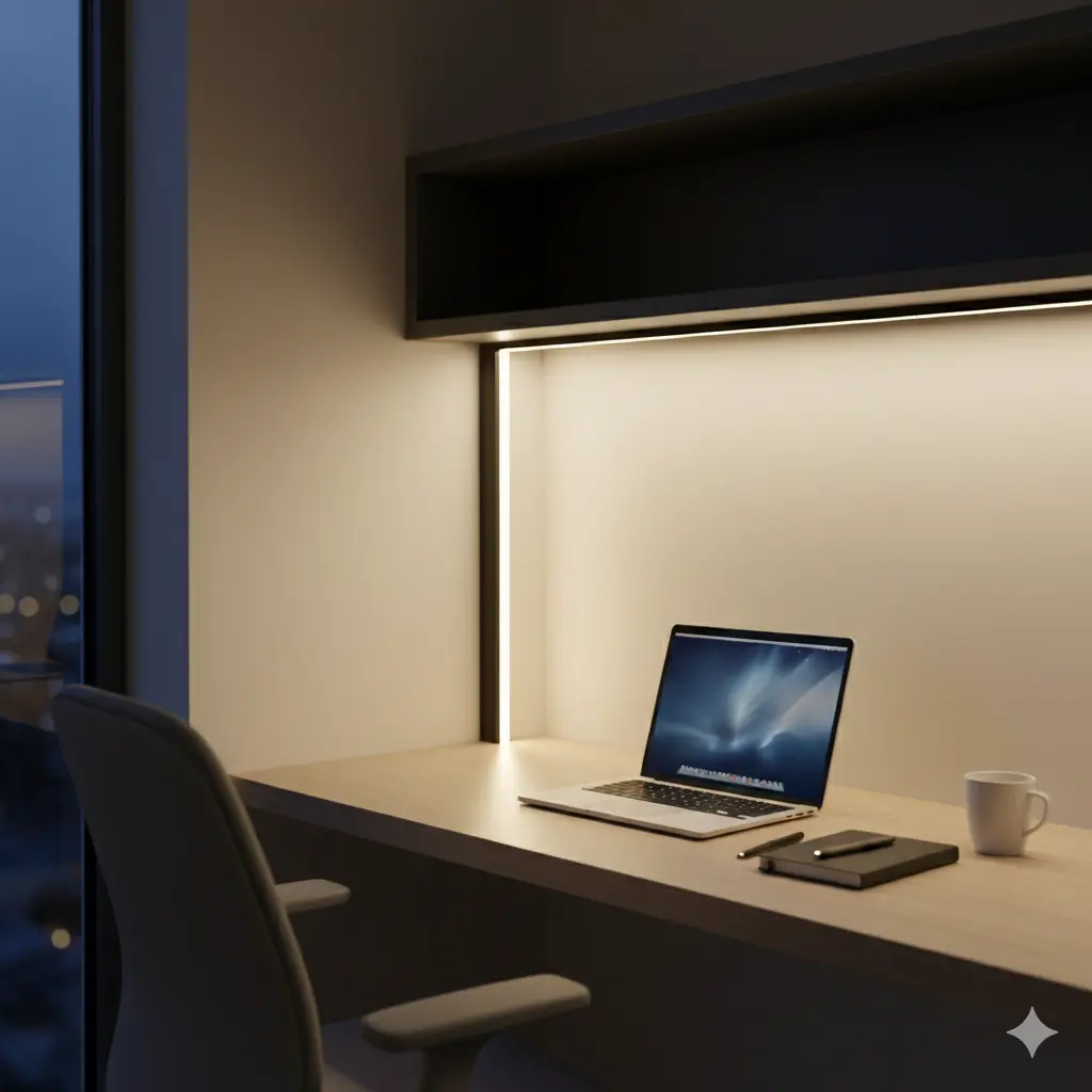 Non-glare office task lighting with corner-mounted LED profiles beneath shelving